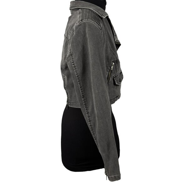 FREE PEOPLE James Dean Moto Cropped Denim Jacket Moto Zip Gray Women's M - Picture 3 of 10